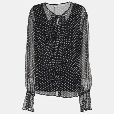Marina Rinaldi Dark Grey Polk Dots Print Chiffon Ruffle Neck Tops In Gray
