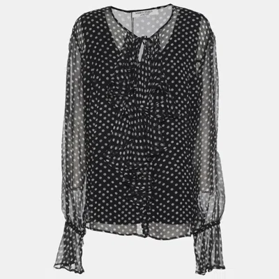 Pre-owned Marina Rinaldi Dark Grey Polk Dots Print Chiffon Ruffle Neck Tops L In Gray