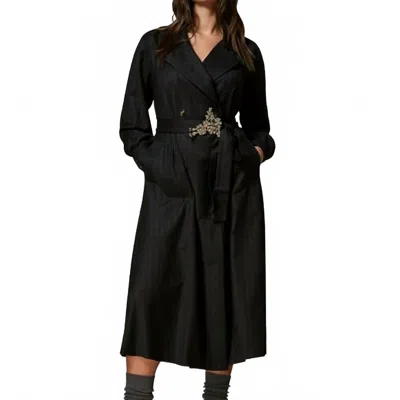 Marina Rinaldi Detroit Pinstripe Double-breasted Coat In Dark Grey In Black
