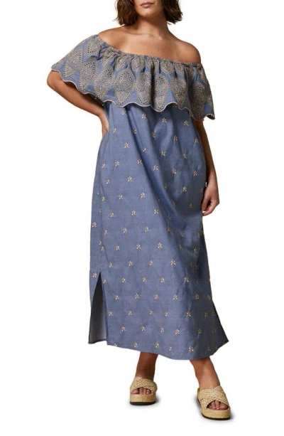 Marina Rinaldi Embroidered Eyelet Off The Shoulder Linen Blend