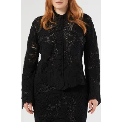 Marina Rinaldi Embroidered Mesh Cotton Blend Cardigan In Black