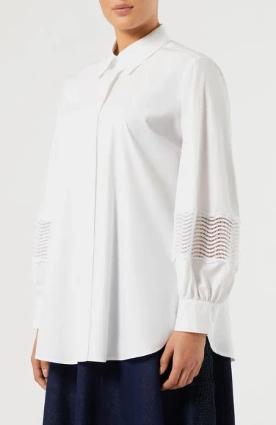 Marina Rinaldi Embroidery Trim Long Sleeve Cotton Poplin Shirt In White