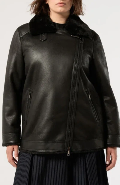 Marina Rinaldi Faux Fur Trim Faux Leather Moto Jacket In Black