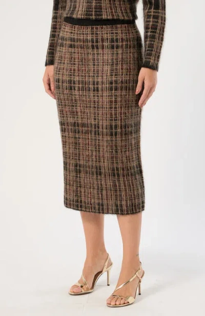 Marina Rinaldi Fiamma Plaid Mohair Blend Knitted Skirt In Brown