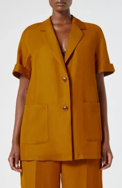 Marina Rinaldi Fingere Short Sleeve Twill Jacket In Brown Orange