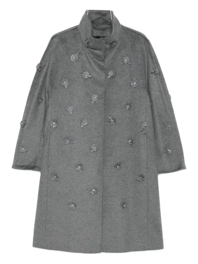 Marina Rinaldi Floral-appliqué Coat In Gray