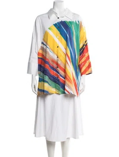 Pre-owned Marina Rinaldi Floral Print Long Sleeve Blouse In White