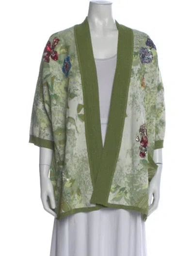 Pre-owned Marina Rinaldi Floral Print Open Front Sweater In Green
