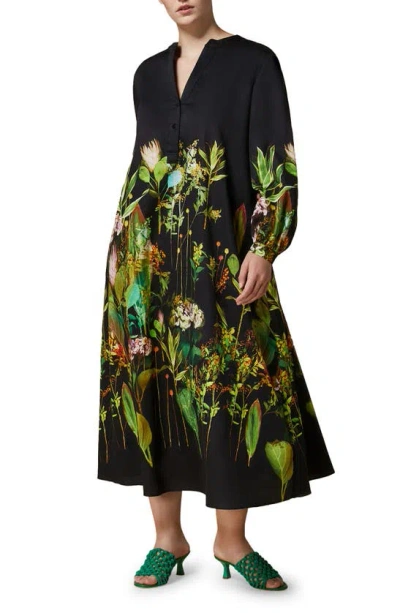 Marina Rinaldi Garbata Floral Long Sleeve Satin Dress In Black