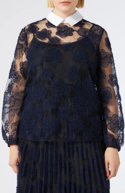 Marina Rinaldi Godezia Floral Embroidered Top In Midnight Blue