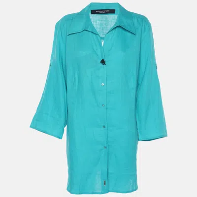 Marina Rinaldi Green Linen Stirrup Sleeve Plain Shirt In Blue