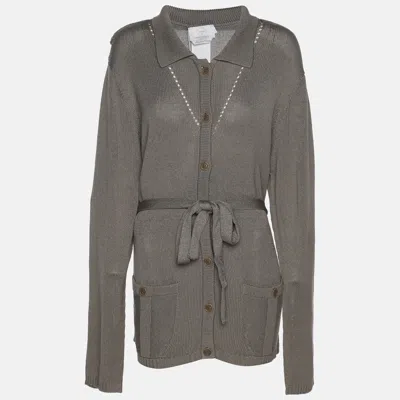 Marina Rinaldi Grey Rib Knit Button Front Sweater In Gray