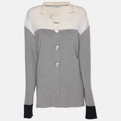 Pre-owned Marina Rinaldi Grey/cream Knit Button Front Sweater L In Gray