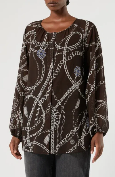 Marina Rinaldi Jewel Print Long Sleeve Georgette Tunic In Chocolate
