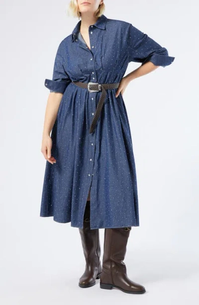 Marina Rinaldi Jimco Rhinestone Detail Long Sleeve Denim Shirtdress In Blue