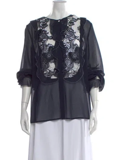 Pre-owned Marina Rinaldi Lace Pattern Three-quarter Sleeve Blouse In Blue