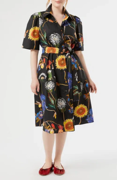 Marina Rinaldi Lacrima Floral Belted Cotton Shirtdress In Black