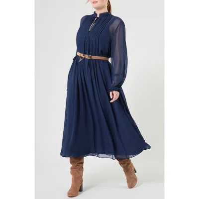 Marina Rinaldi Long Sleeve Pintuck Pleat Silk Georgette Dress In Blue