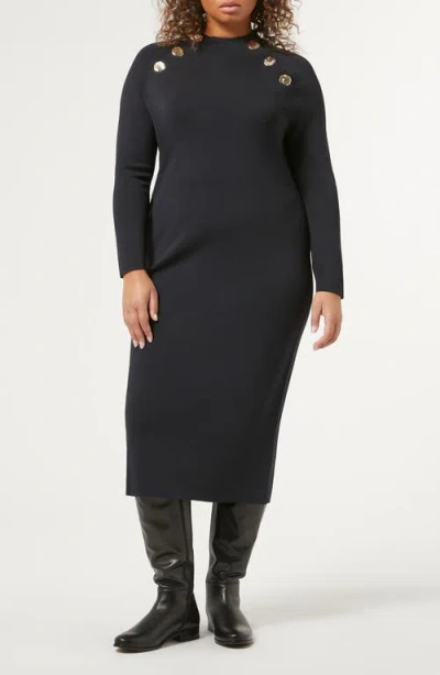 Marina Rinaldi Loretta Button Detail Long Sleeve Knit Dress In Midnightblue