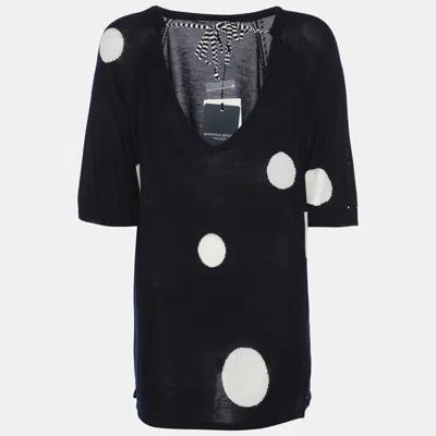 Marina Rinaldi Marina Sport By Marin Rinaldi Navy Blue/white Stretch Knit Polka Dot V Neck Sweater