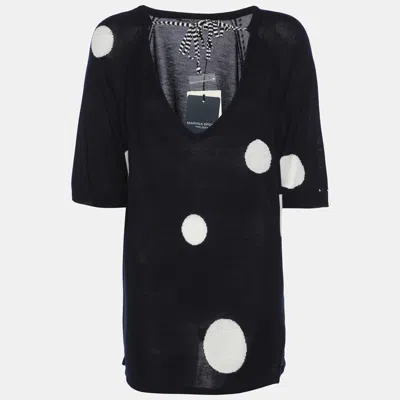 Pre-owned Marina Rinaldi Marina Sport By Marin Rinaldi Navy Blue/white Stretch Knit Polka Dot V Neck Sweater L
