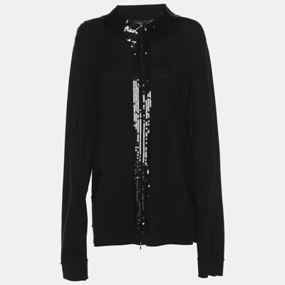 Pre-owned Marina Rinaldi Marina Sport By  Black Knit Sequin Embellished Front Zip Sweater Xl