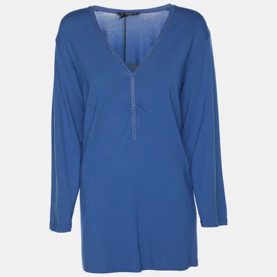 Pre-owned Marina Rinaldi Marina Sport By  Blue Jersey Crystal Embellished V Neck Sweater L