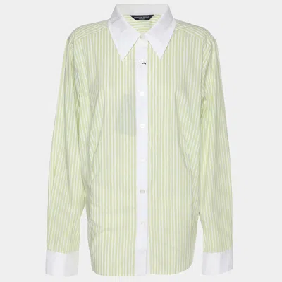 Marina Rinaldi Marina Sport By  Green Stripe Cotton Blend Contrast Long Sleeve Shirt In White