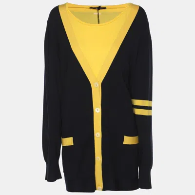 Pre-owned Marina Rinaldi Marina Sport By  Navy Blue/yellow Knit Cardigan L