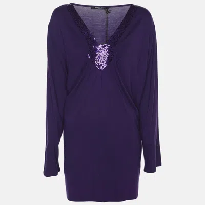 Pre-owned Marina Rinaldi Marina Sport By  Purple Jersey Sequin Embellished V Neck Tops Xl