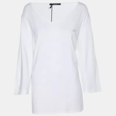 Pre-owned Marina Rinaldi Marina Sport By  White Jersey Logo V Neck Top L