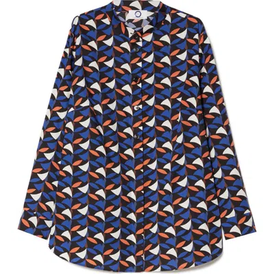 Marina Rinaldi Materia Abstract Print Stretch Cotton Button-up Shirt In Blue