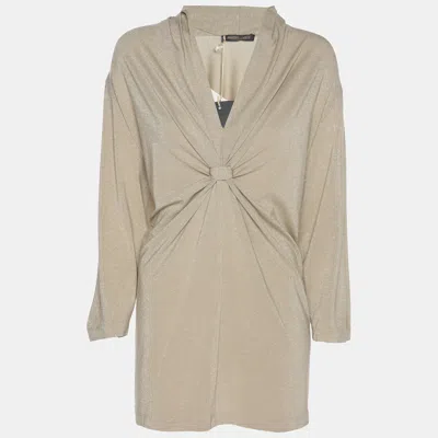 Pre-owned Marina Rinaldi Metallic Beige Lurex Knit Knot Front Shirt L In Silver