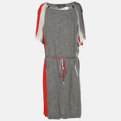 Marina Rinaldi Multicolor Silk Linen Drawstring Dress In Gray