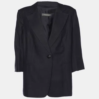 Marina Rinaldi Navy Blue Linen Single Breasted Blazer In Black