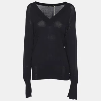 Marina Rinaldi Navy Blue Stretch Knit V Neck Sweater In Black