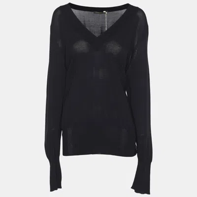 Pre-owned Marina Rinaldi Navy Blue Stretch Knit V Neck Sweater L