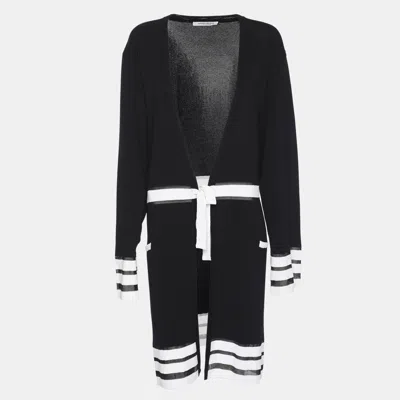 Marina Rinaldi Navy Blue/white Rib Knit Belted Cardigan In Black