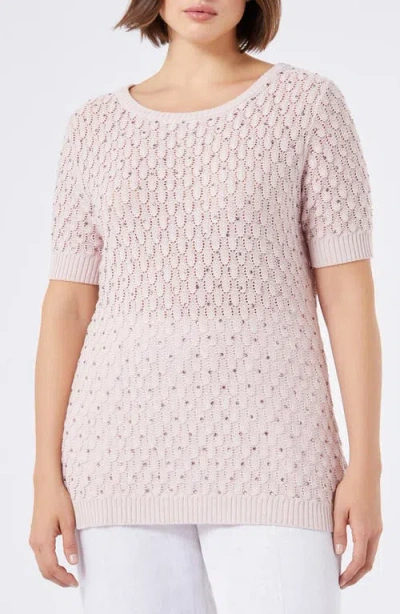 Marina Rinaldi Nerone Crystal Embellished Short Sleeve Sweater In Pink