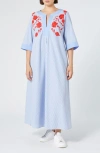 Marina Rinaldi Sport 2a Uscita Opossum Embroidered Split V Neck Dress In Optical White/blue