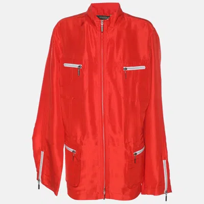 Pre-owned Marina Rinaldi Orange Silk Zip Up Patch Pocket Jacket L