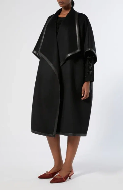 Marina Rinaldi Ortica Faux Leather & Virgin Wool Poncho In Black