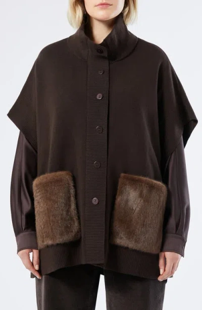 Marina Rinaldi Ottico Faux Fur Pocket Jersey Knit Poncho In Brown