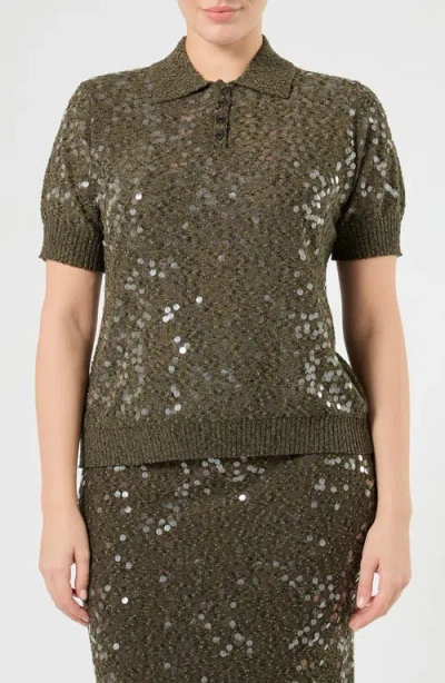 Marina Rinaldi Sequin-embellished Polo Sweater In Brown