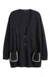Marina Rinaldi Pavido Rhinestone Pocket Wool & Cashmere Cardigan In Black