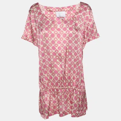 Pre-owned Marina Rinaldi Pink Printed Silk Short Sleeve Top L