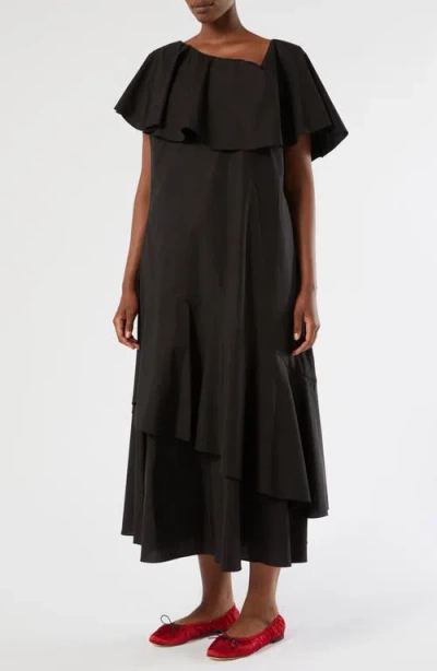 Marina Rinaldi Pioppo Asymmetric Neck Tiered Cotton Dress In Black