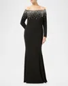 Marina Rinaldi Pedina Off The Shoulder Long Sleeve Cady Gown In Black