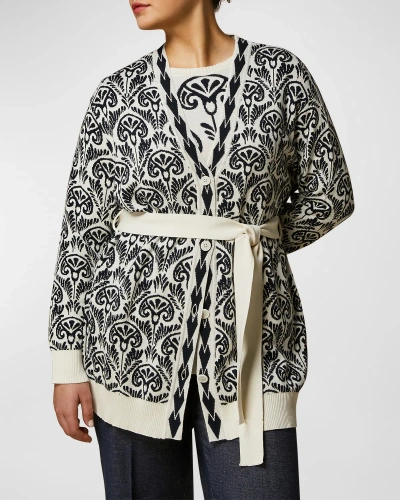 Marina Rinaldi Jacquard Knit V Neck Cardigan In Ivory