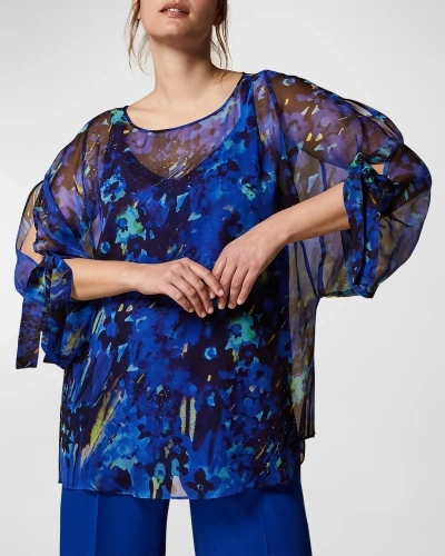Marina Rinaldi Printed Silk Georgette Tie Sleeve Blouse In Purple